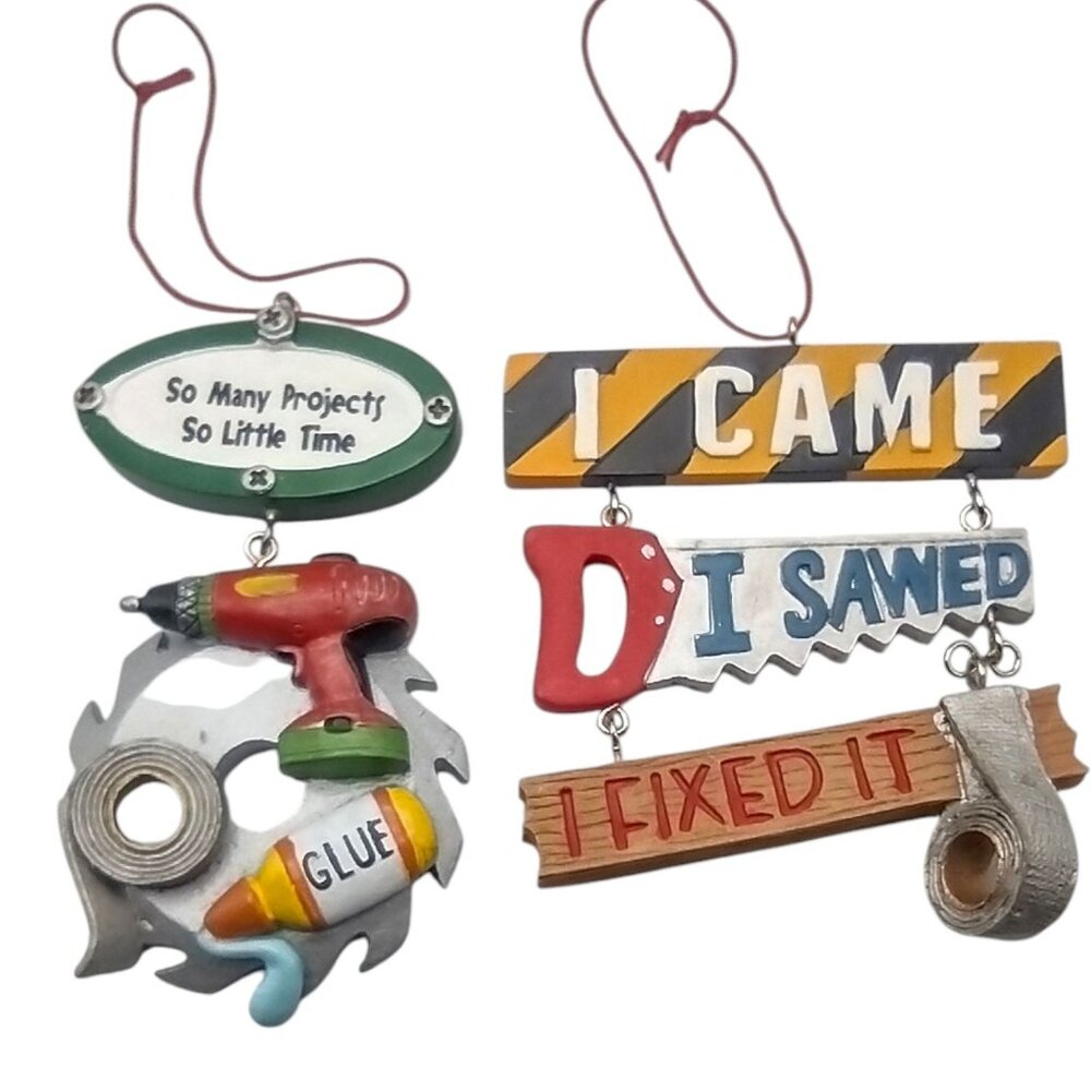 Handyman & DIY-Themed Hanging Ornaments Set Of 2 Fun Craft Tools Design Resin 4"